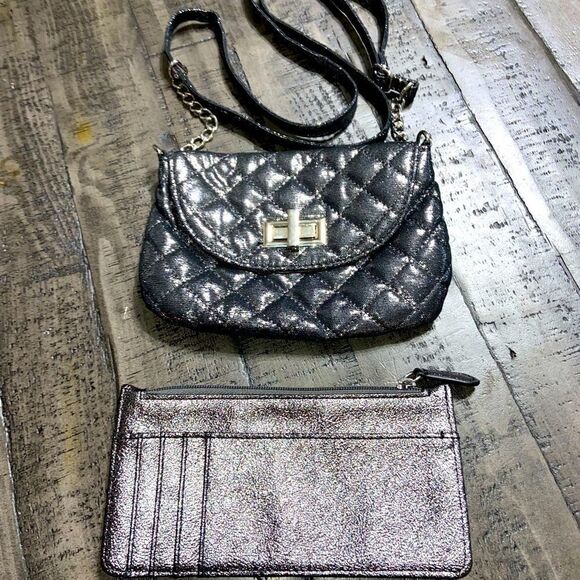 Metallic black and silver small shoulder bag with zip up wallet - Picture 1 of 4